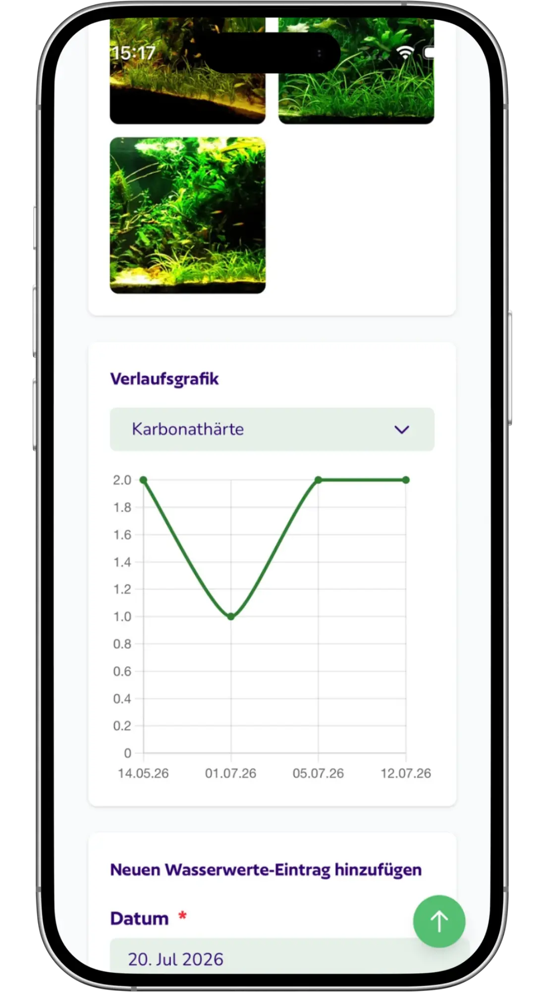 Becken-Logbuch in der aquariooh! App auf einem Smartphone