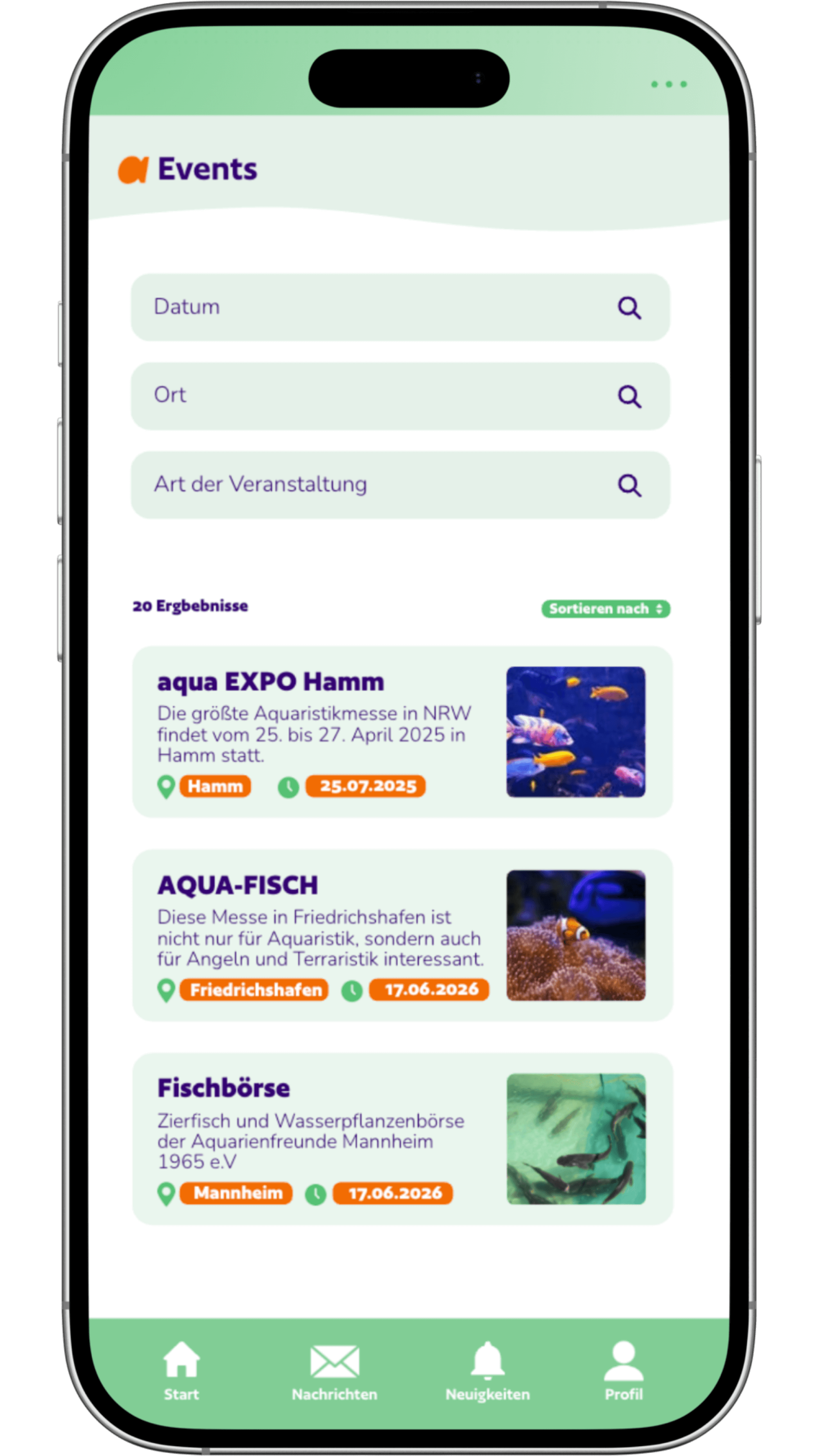 Veranstaltungen in der aquariooh! App auf einem Smartphone
