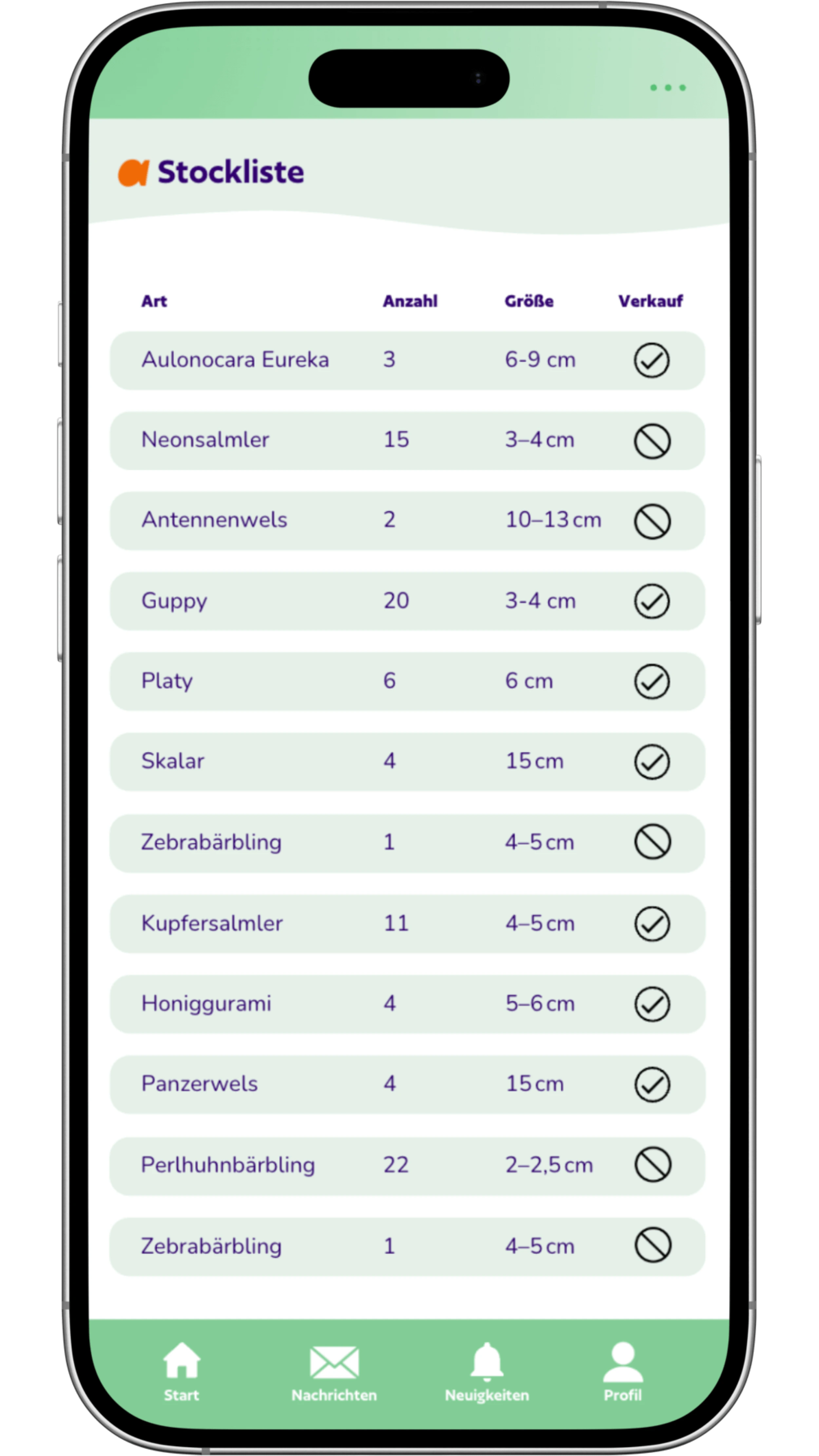 Bestandslisten in der aquariooh! App auf einem Smartphone